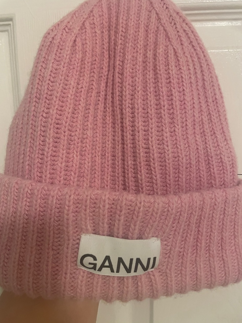 Ganni Pastel Pink Ribbed Fold-Over Beanie